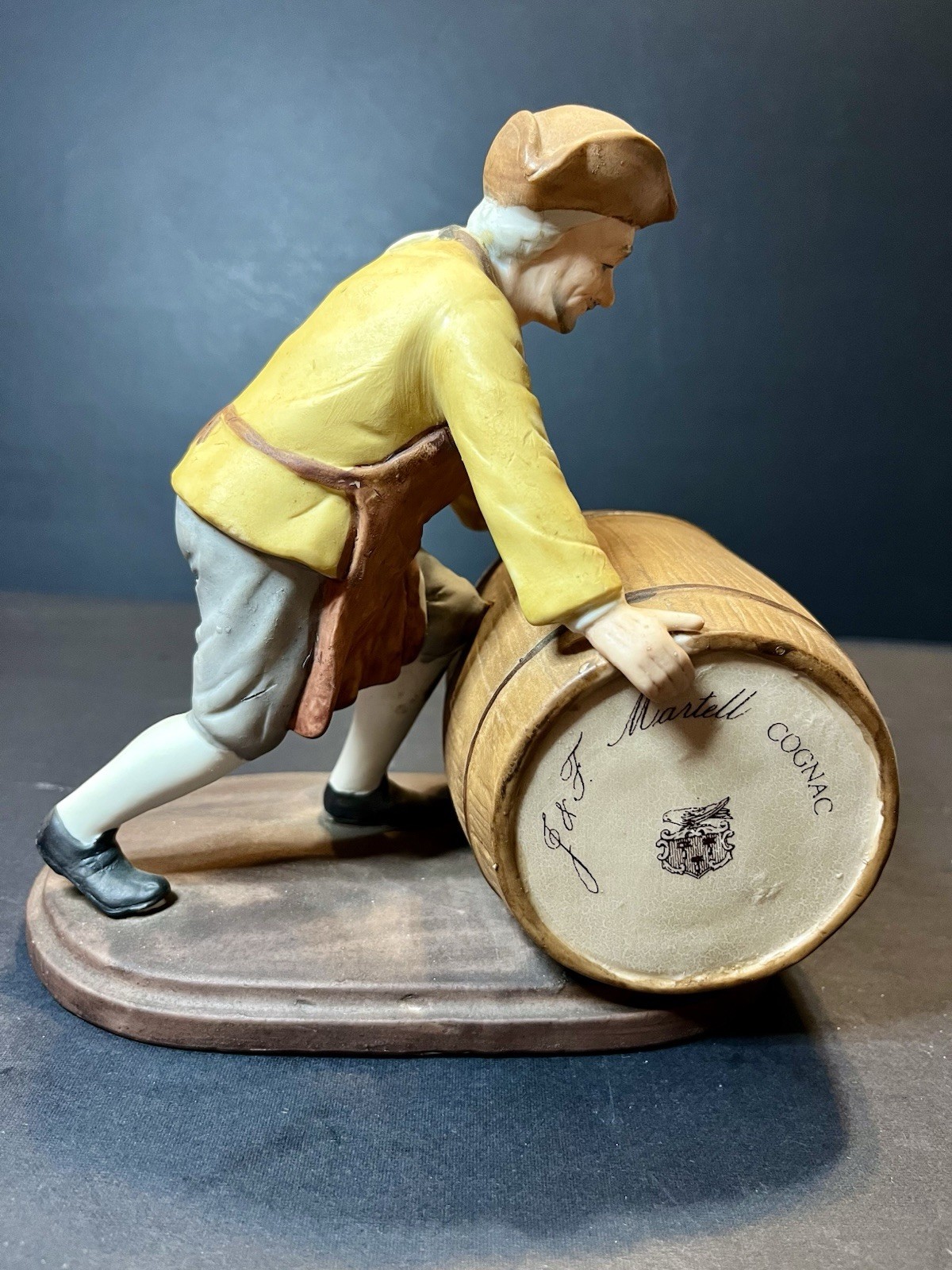 VTG J & T Martell Cognac Barrel w/ Colonial Man Figurine Porcelain Advertising