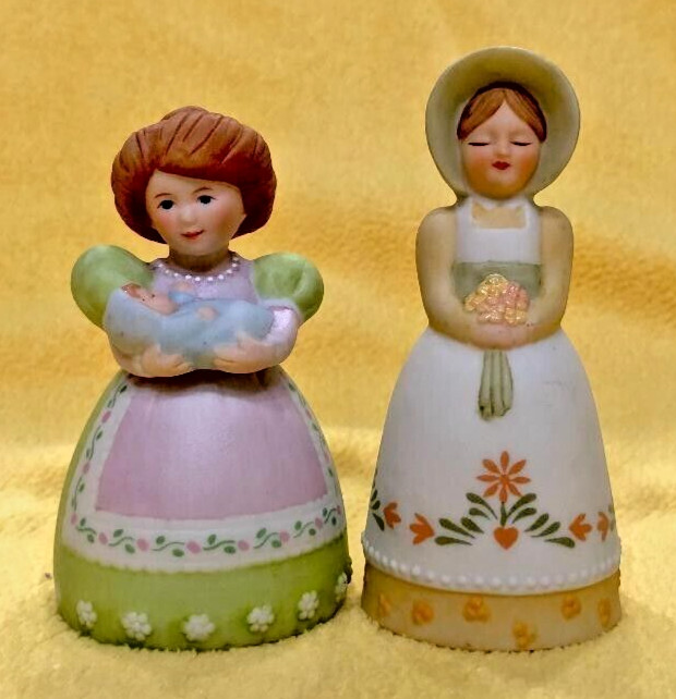 Avon Bell Figurine Lady with Bonnet Flowers 1985 & Lady Holding Baby 1988 3″Tall