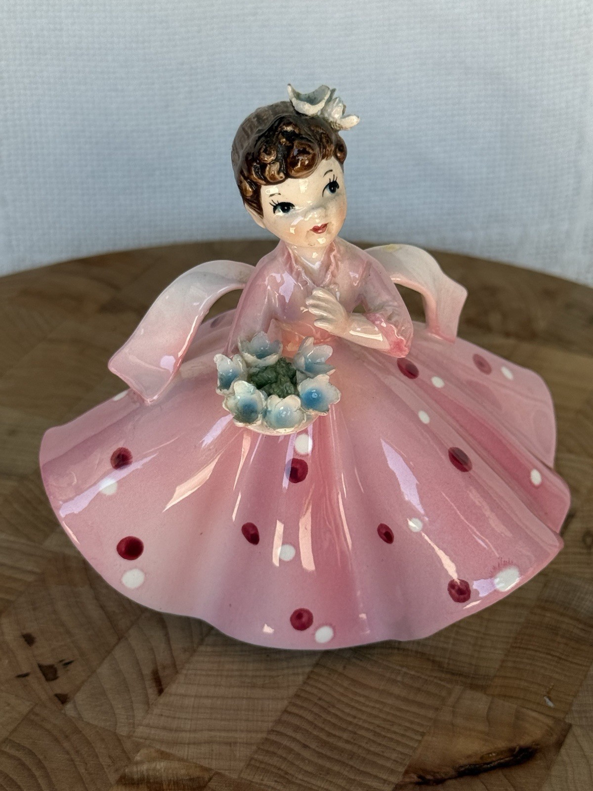 Vintage Lefton Pink Polka Dot Dress Flower Girl Figurine AS IS #1450C