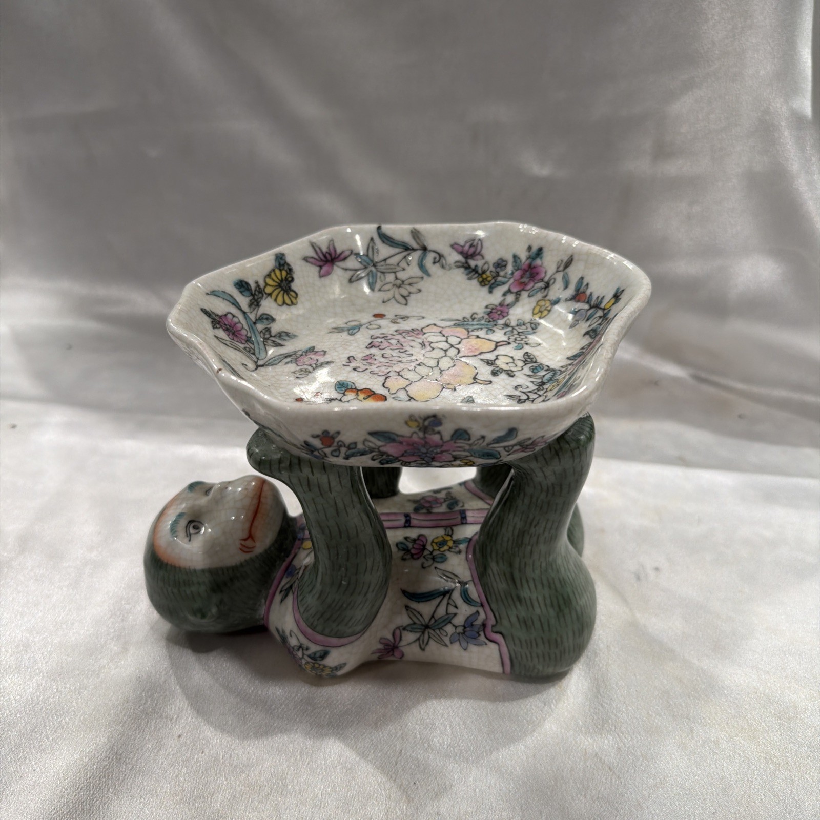 VTG Chinoiserie Monkey Holding Bowl Candy Soap Nut Dish Green Floral Asian China