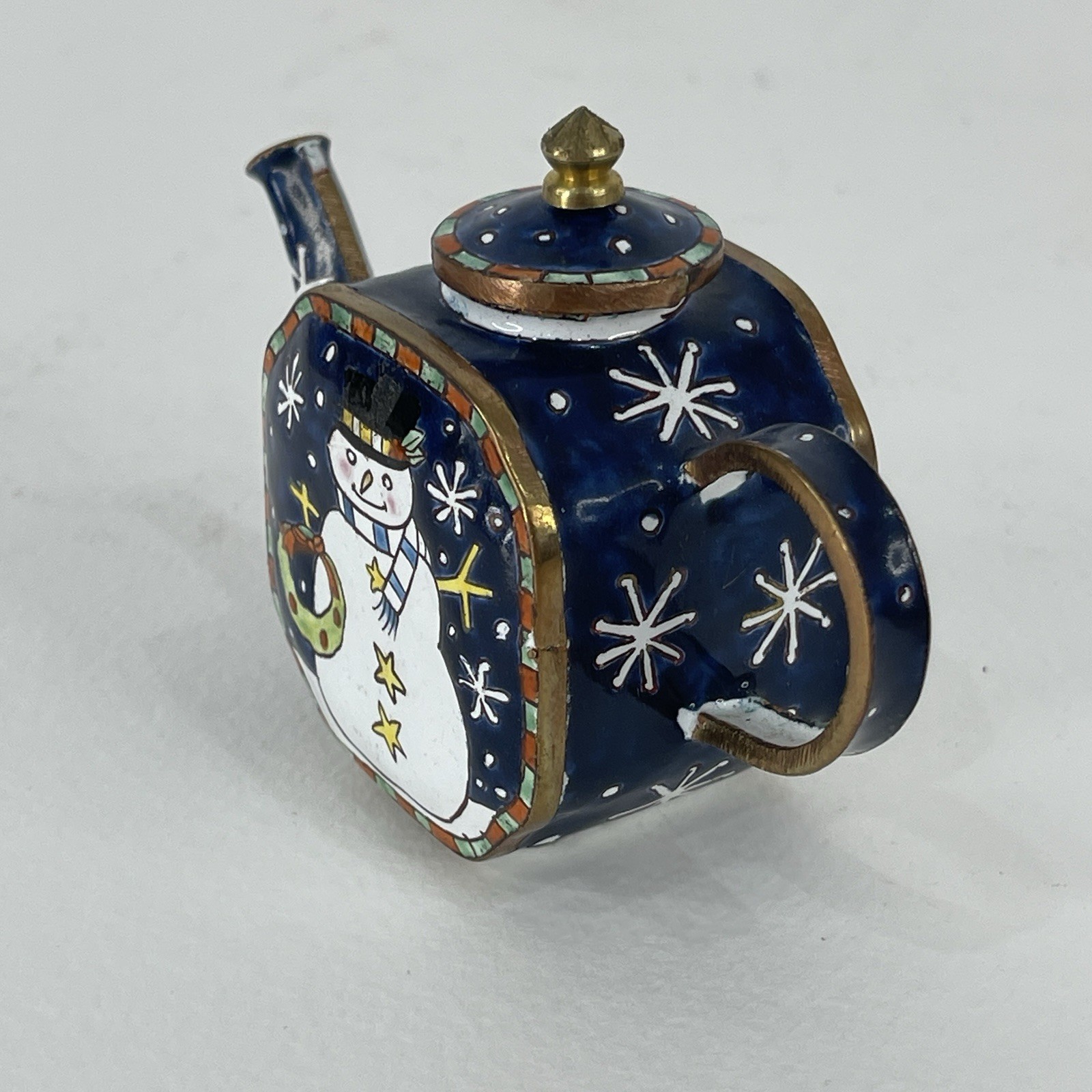 Miniature Enamel Copper Teapot Kelvin Chen Style Hand Painted Snowman Xmas VTG