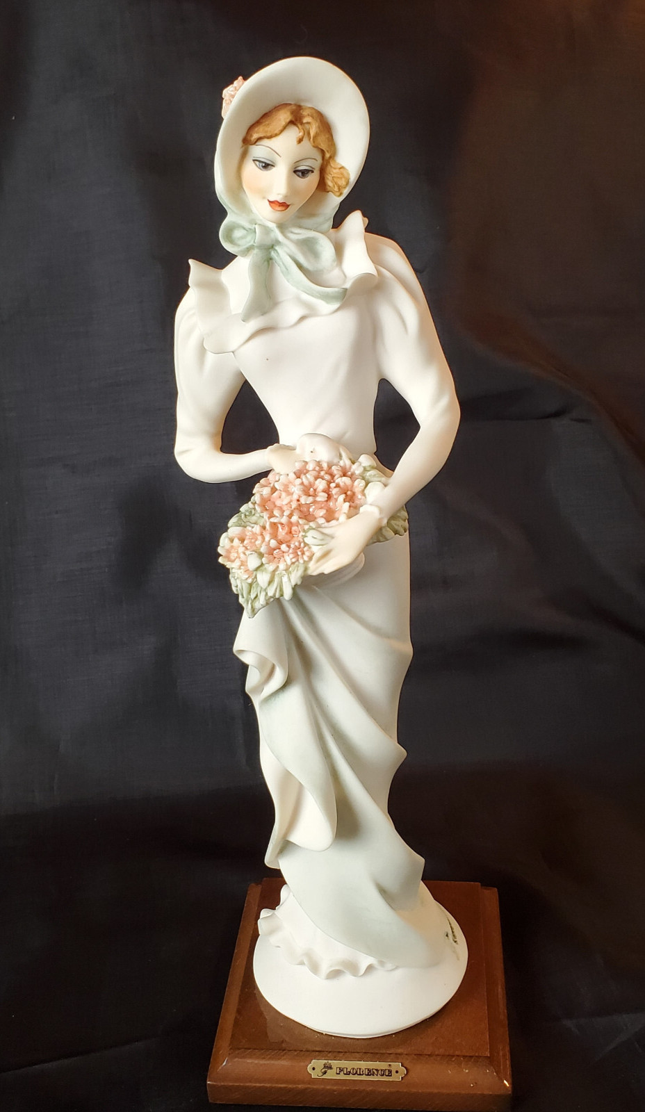 G. Armani Lady Figurine w/Bonnet & Bouquet- on Square Wood Base 13 1/8″H