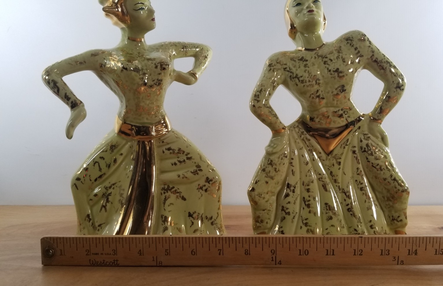 Pair Of Rare Vintage MCM Siamese Thai Temple Dancers Porcelain Figurines Gold