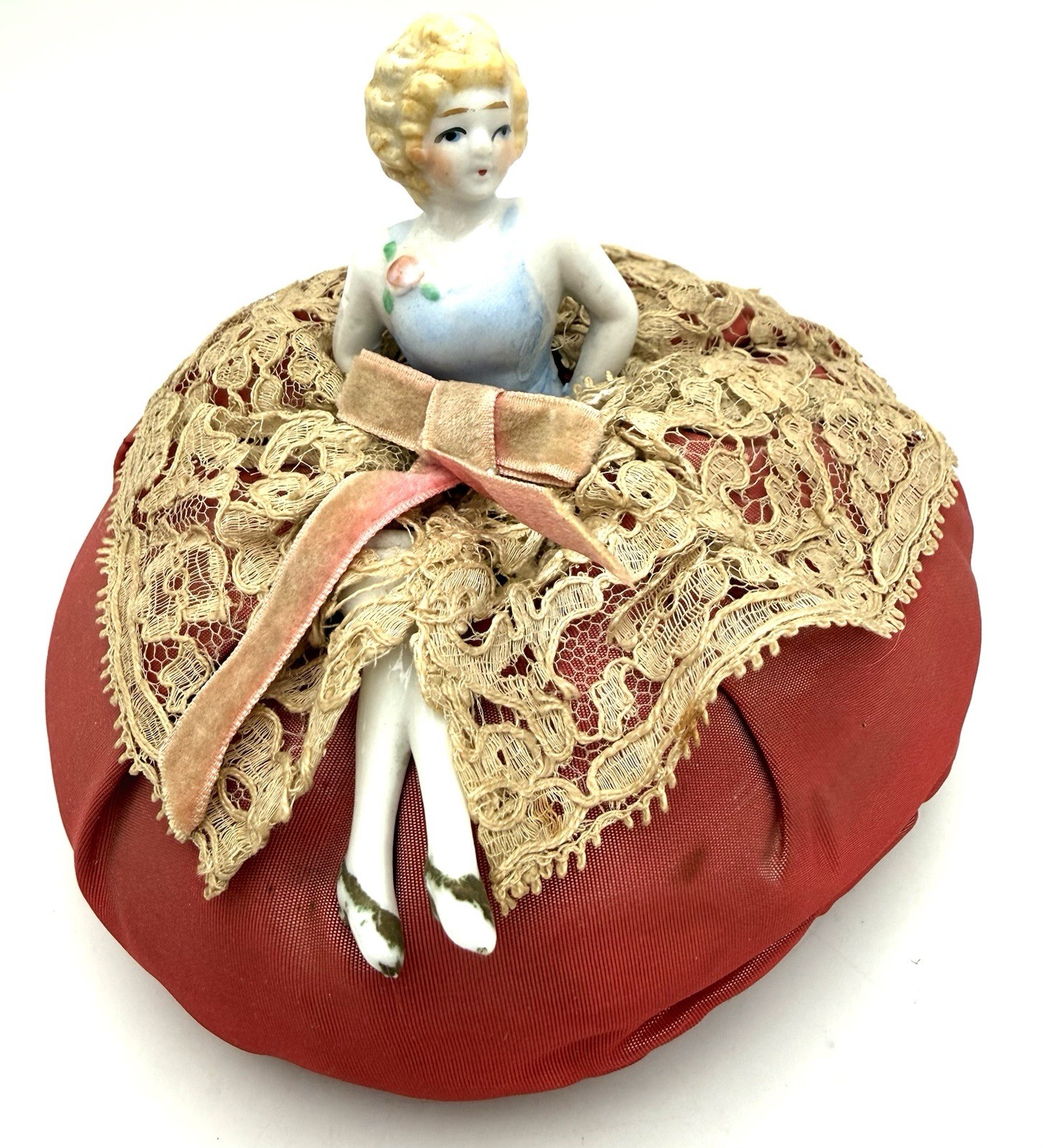 Antique Half Doll Porcelain Satin Lace Dress Has Separate Legs 4” H X 5” W **