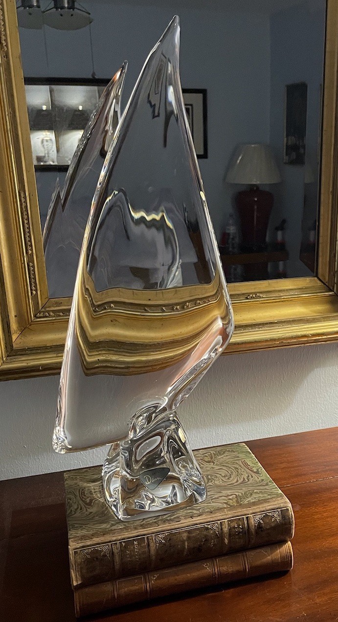 Daum Crystal Sail Sculpture, Label & Signature -Base 21h x 11” Perfect Condition