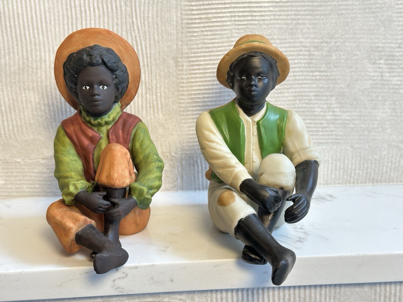 LOT OF 2 VTG BISQUE HAND-PAINTED BLACK YOUNG MEN BOYS AFRICAN AMERICAN FIGURINES