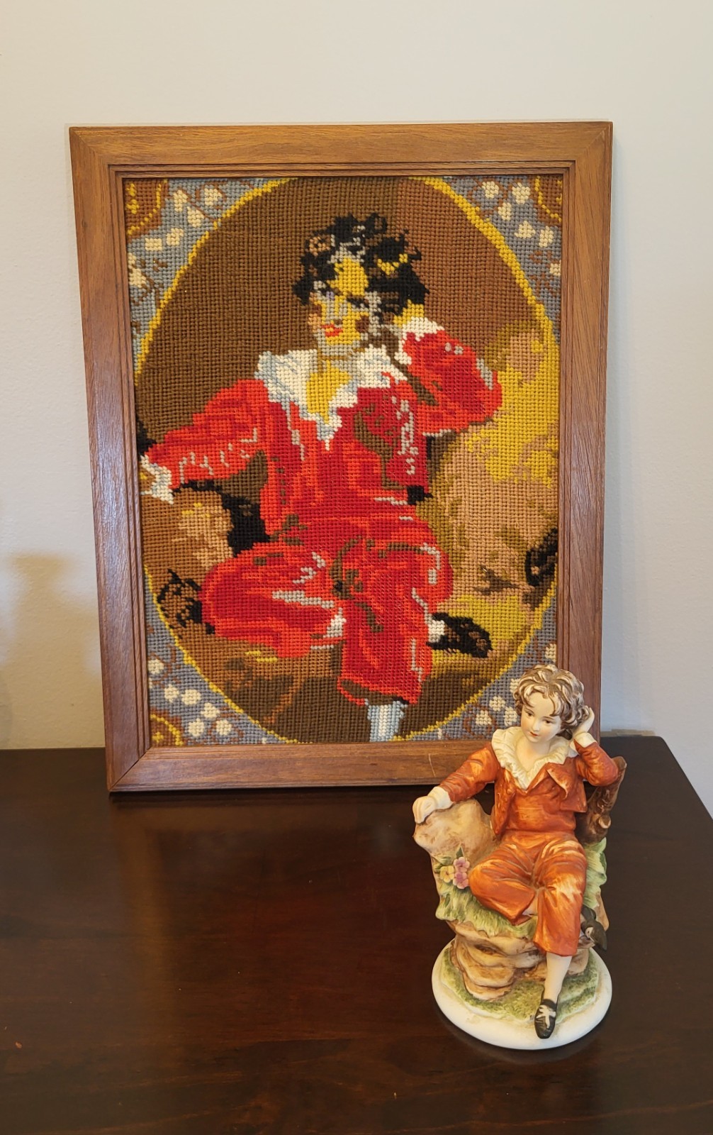 Vtg The Red Boy Master Lambton Lefton Figurine w/Matching Framed Needlepoint