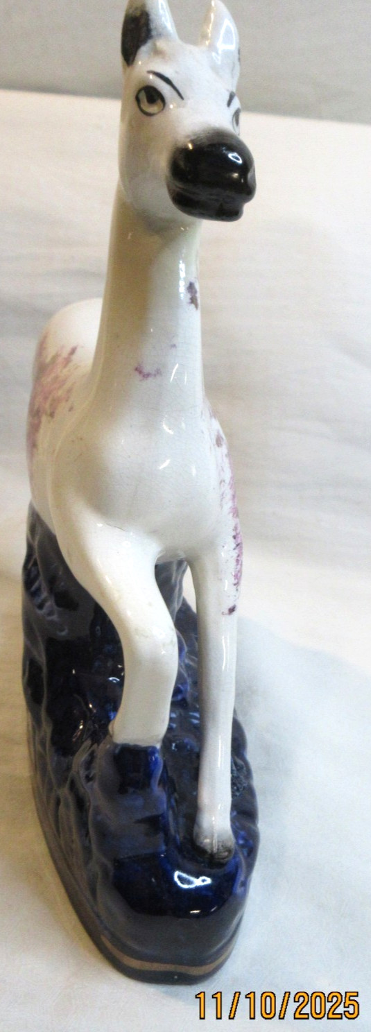 AMAZING~STAFFORSHIRE WARE ENGLAND~WHITE HORSE WITH PURPLE & GOLD ON BLUE BASE~