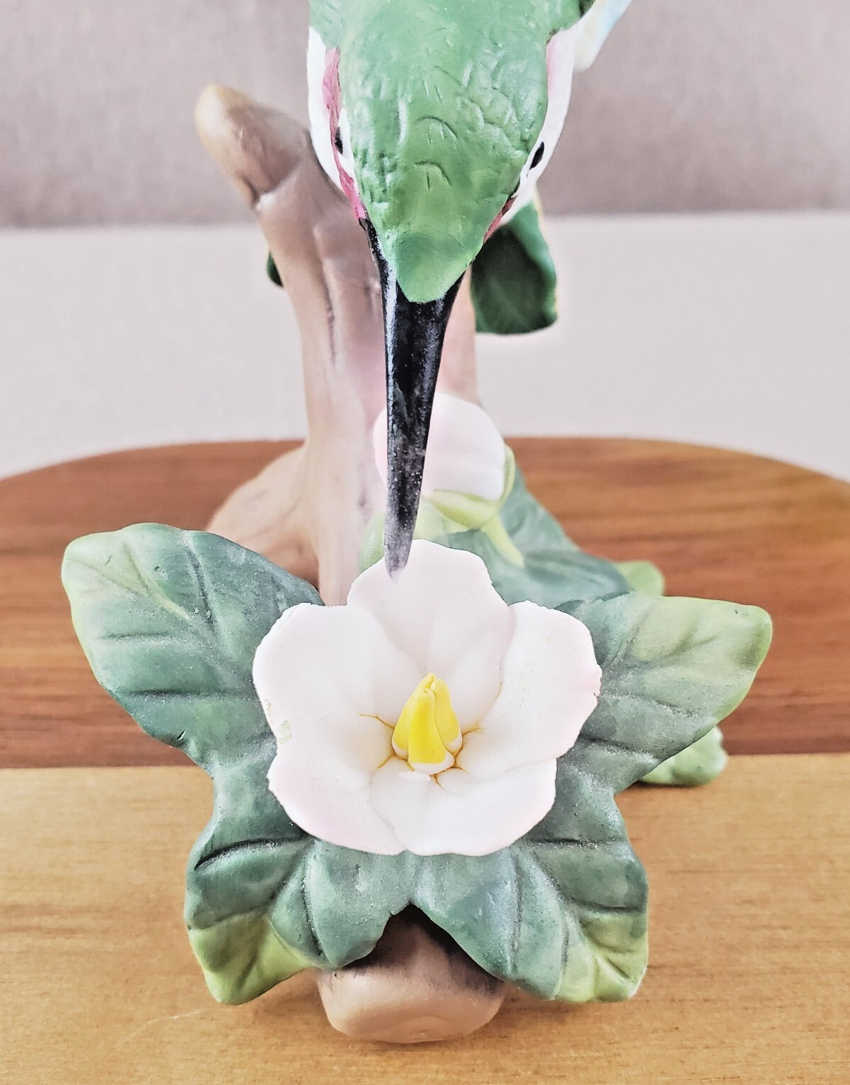 Vintage Hummingbird Figurine w/Pink Flower on Tree Branch Porcelain 4″ Tall