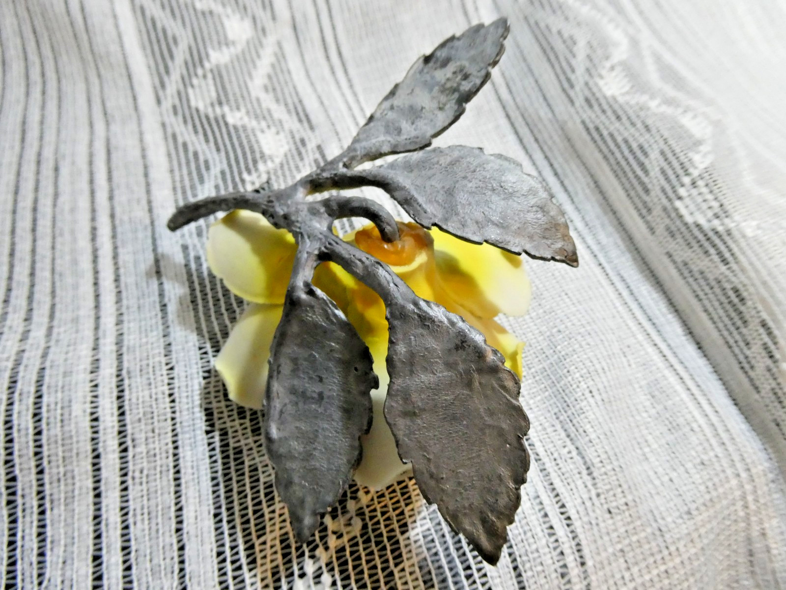 VTG Yellow Rose Figurine Porcelain on Pewter Leaves and Stem