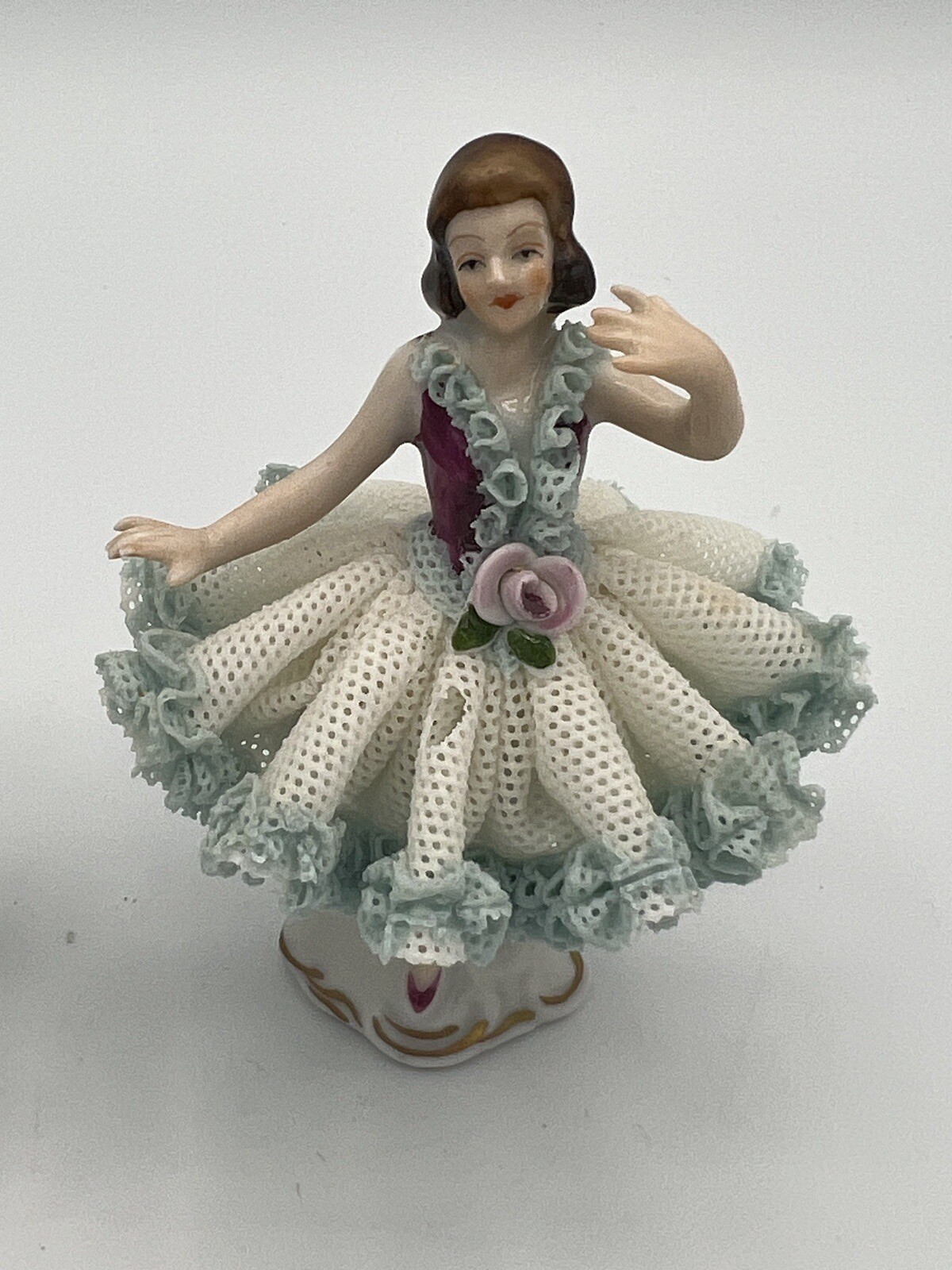 Vintage German Karl-Heinz Klette Dresden Lace Porcelain Ballerina 4″ Set of 2