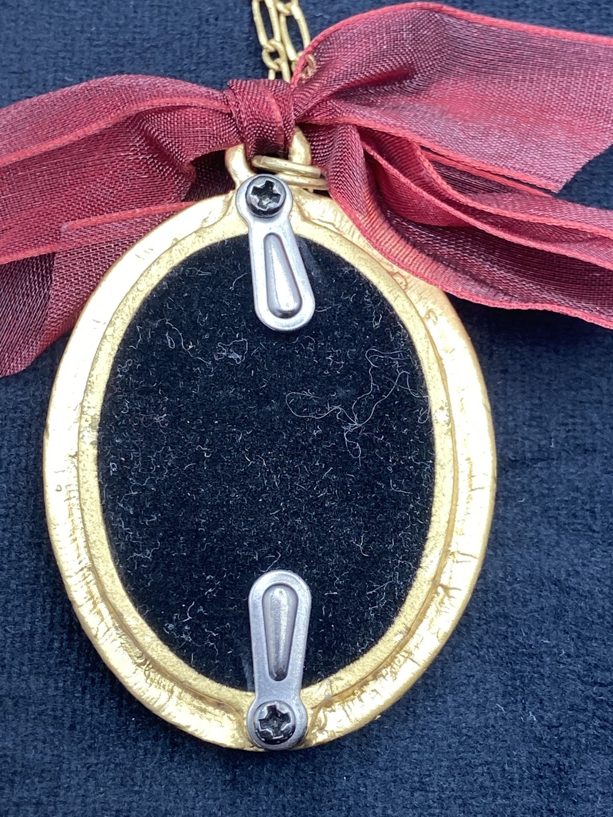 Vintage Victorian Portrait Ornament Gold Oval Bow Chain Crystals 1990s Decor