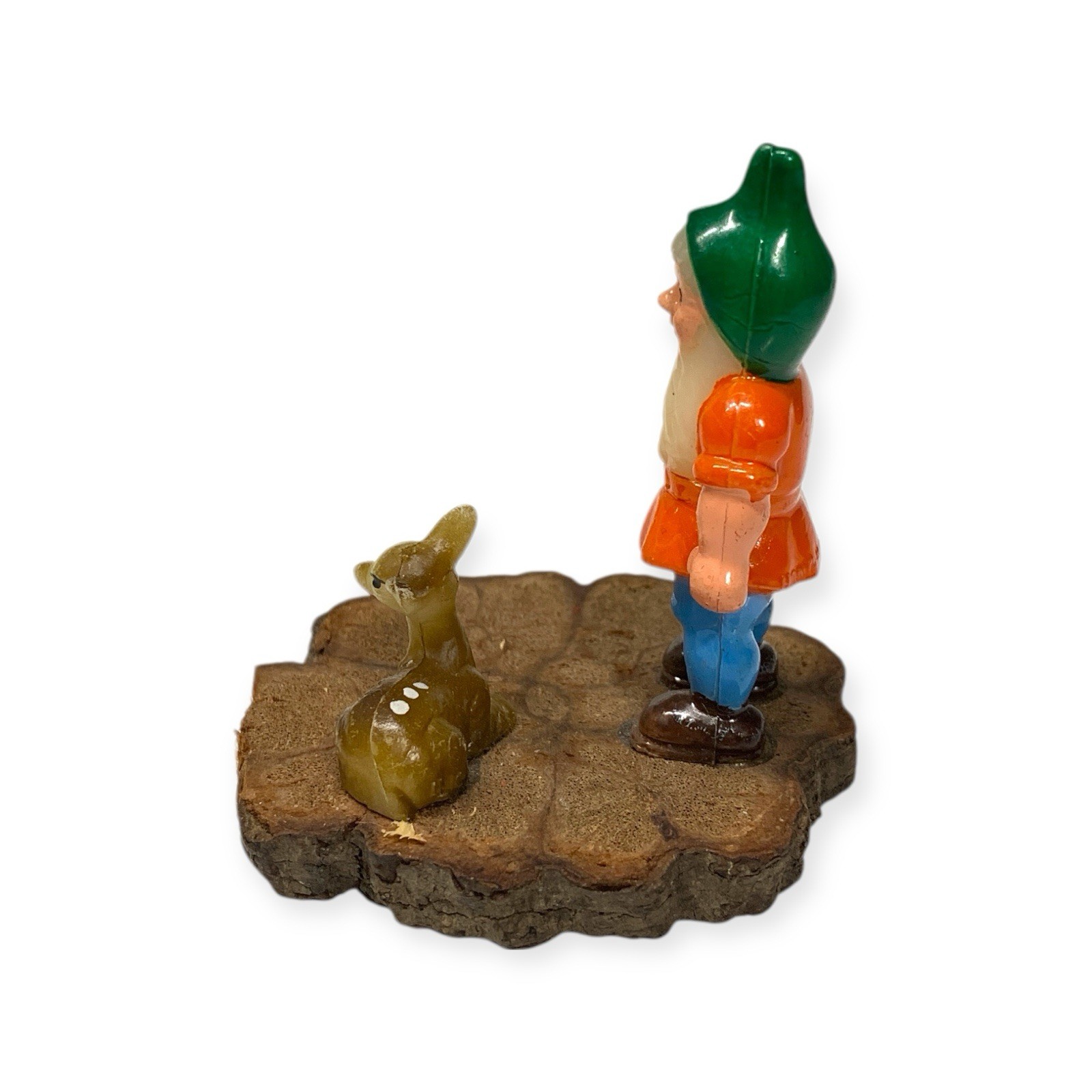 Vintage Gnome Figurine on Wood Base with Deer 3” Hand Painted Miniature Décor