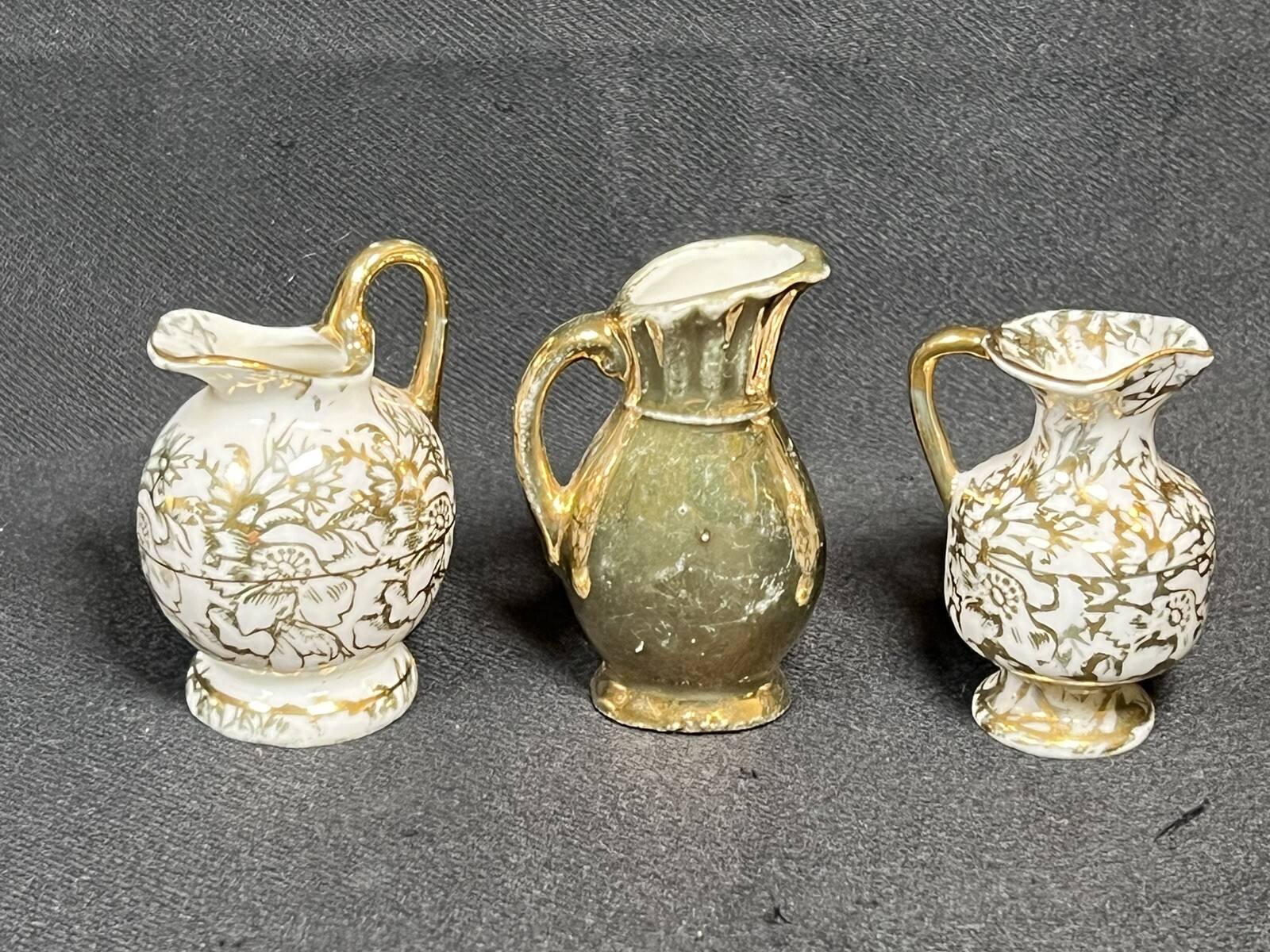 Vintage Lot Of 3 Gold Gilded Miniature Painted Pitchers England And Japan