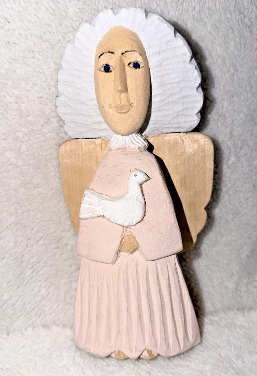 Primitive Folk Art Hand Carved Wood Angel Figurine Artist Signed 2009 Oaxacan?