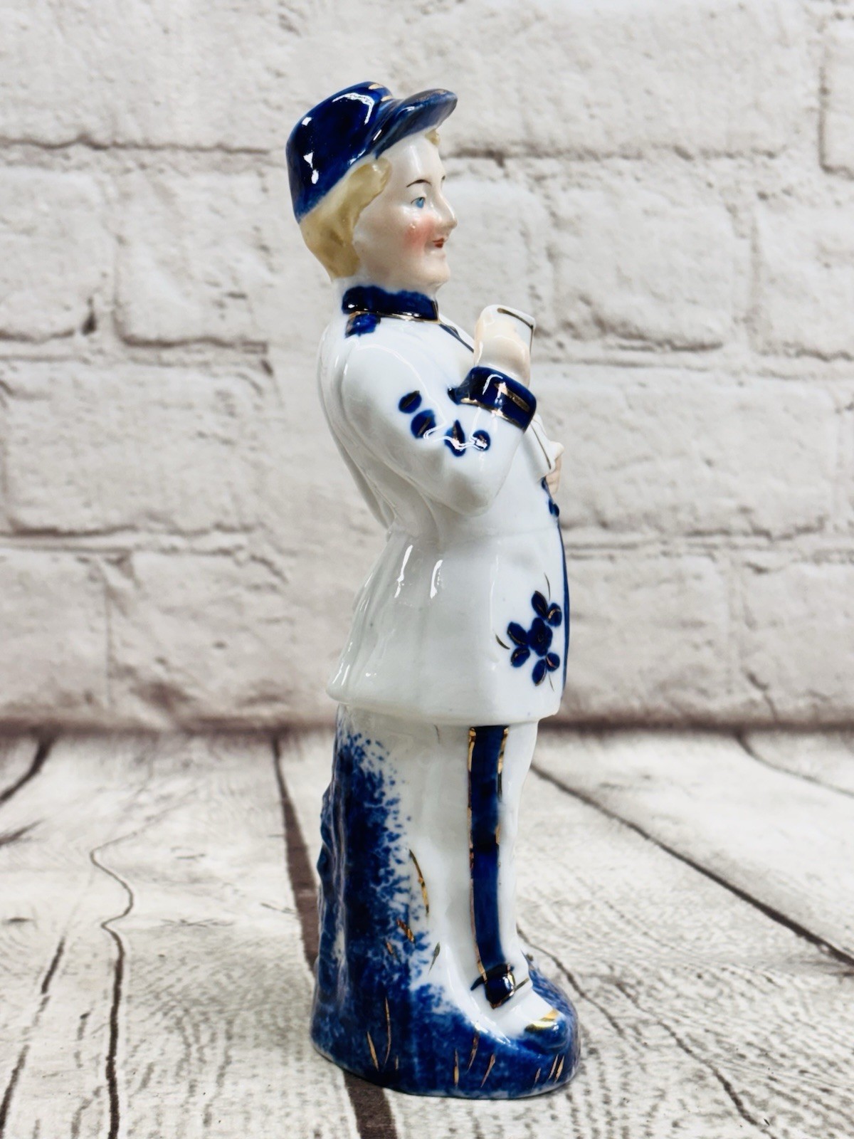 Antique German Porcelain Trade Figurines Blue Gold Policeman Postman Set 7.5”