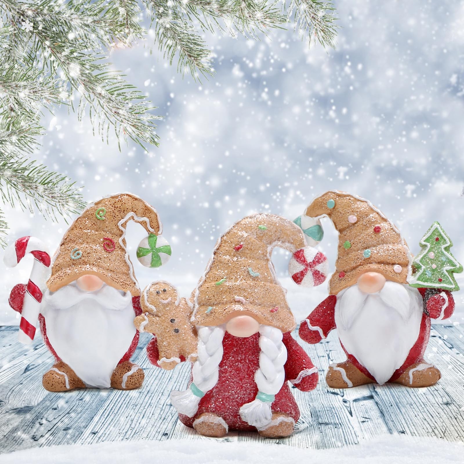 Christmas Gnome Figurines Set of 3, Hand-Painted Resin Gingerbread-Style Mini…