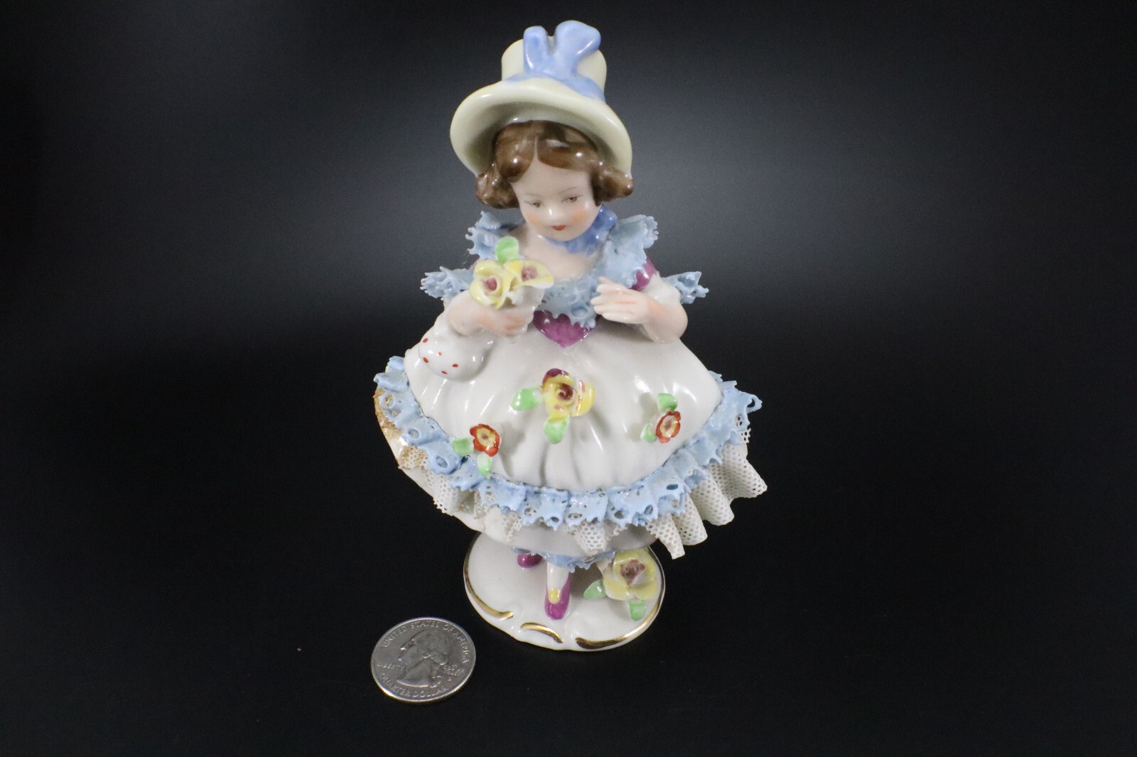 Dresden GIRL in BONNET Porcelain Lace FIGURINE #6 Flowers Germany