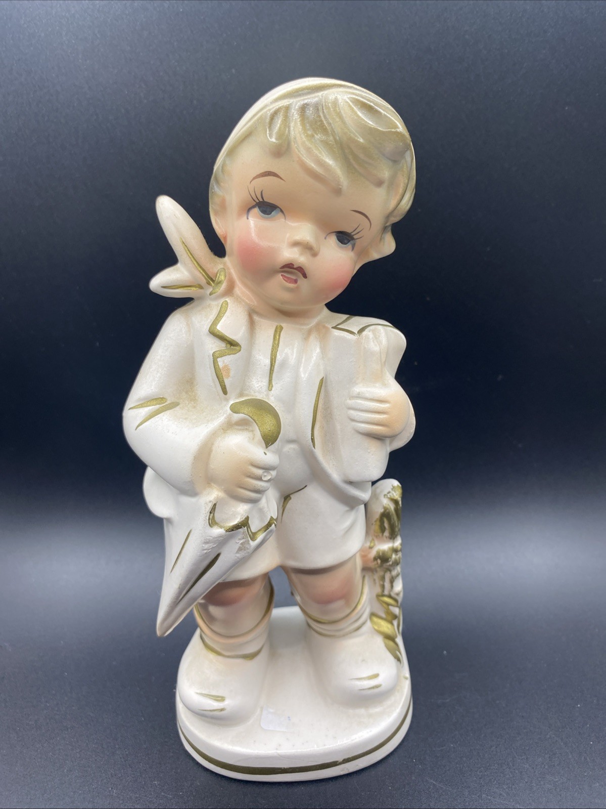 Vintage Brinn’s Angel Cherub Figurine Umbrella White Gold Japan Ceramic