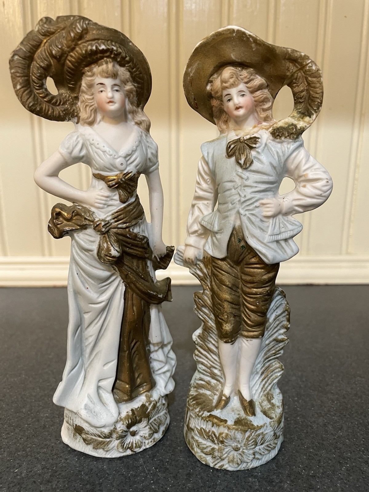 White & Gold Painted Ceramic Man & Woman Figurines, Set of 2