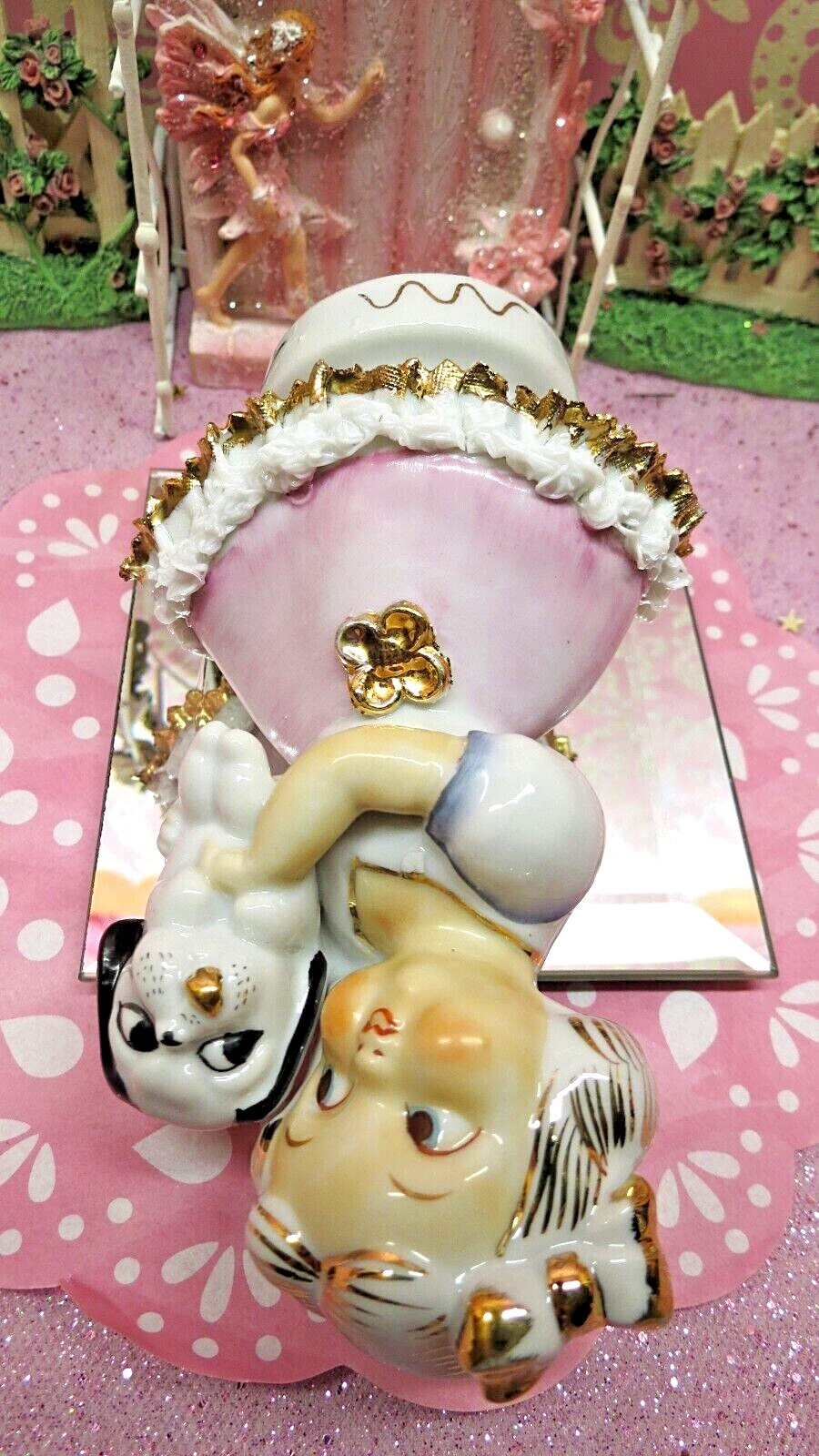 Vtg TMJ Little Girl Holds PUPPY DOG ~ PINK GOLD FRINGE LACE DRESS GOLD HAIR BOW