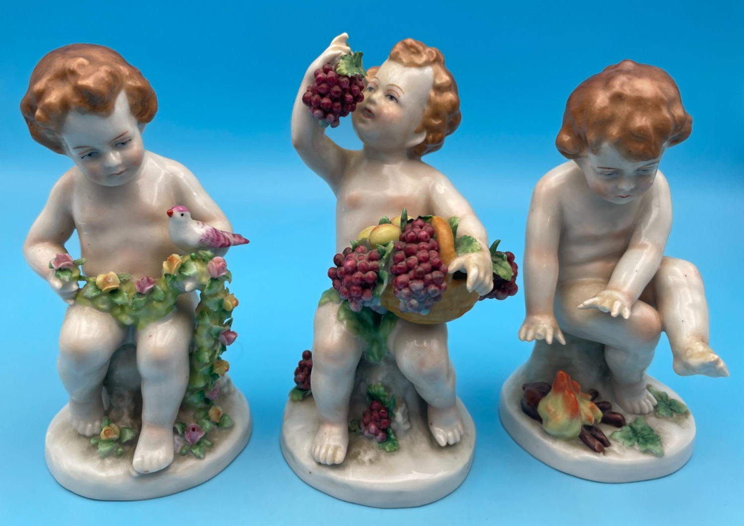 3 Beautiful Sitzendorf Cherubs Representing Spring, Summer & Fall