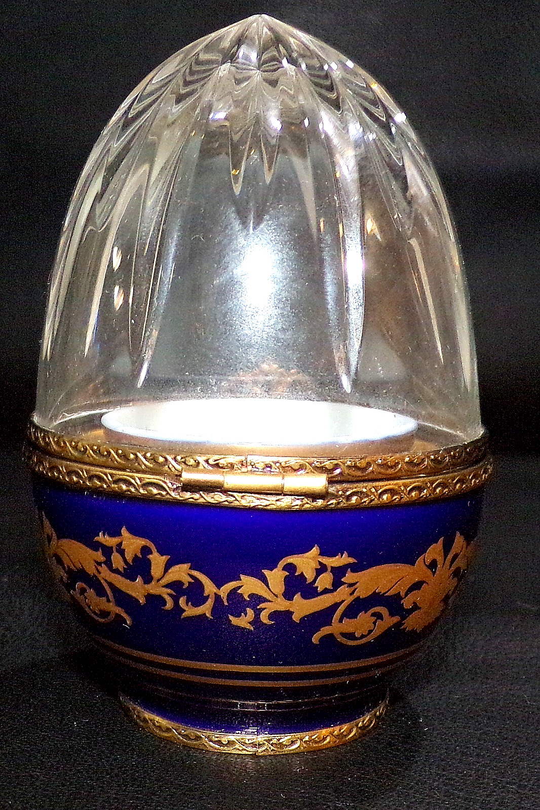 FABERGE Limoges Egg With BLUE CUP INSERT Glass & Porcelain 4″ tall