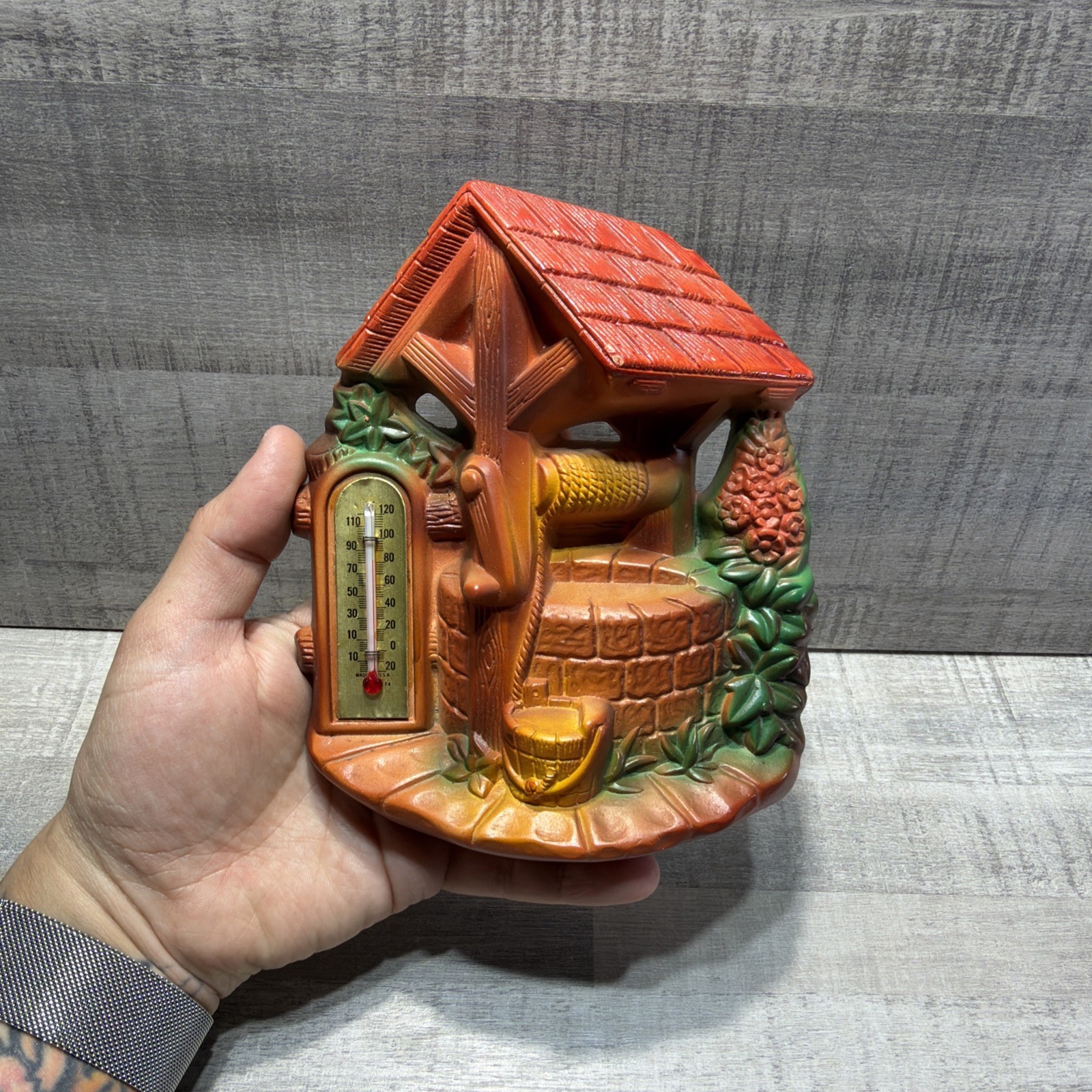 Vintage 6” 1966 Miller Studios Chalkware Wishing Well Thermometer Free Shipping