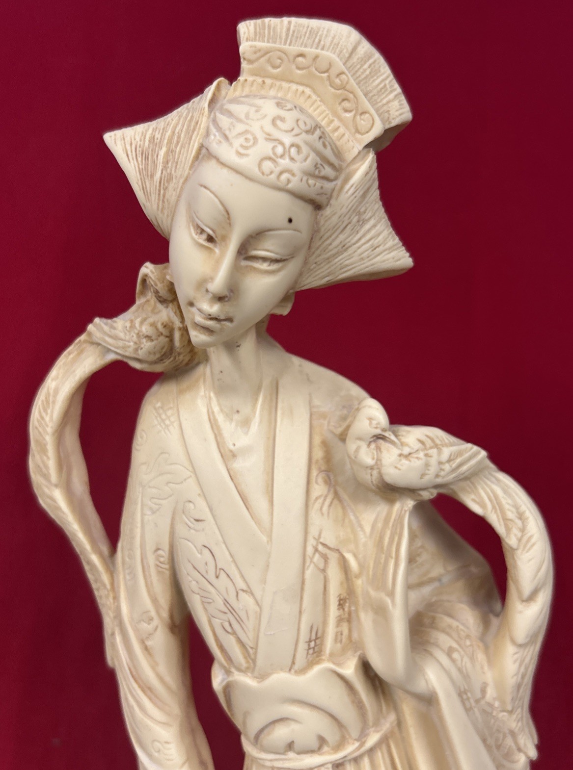 Vtg Oriental Figurine Statue Asian Woman with Birds 20” Carved Resin Signed