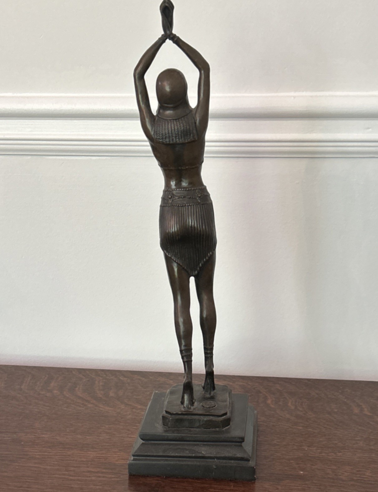 Bronze Finish Metal Female Figure Figurine with Raised Arms on Base