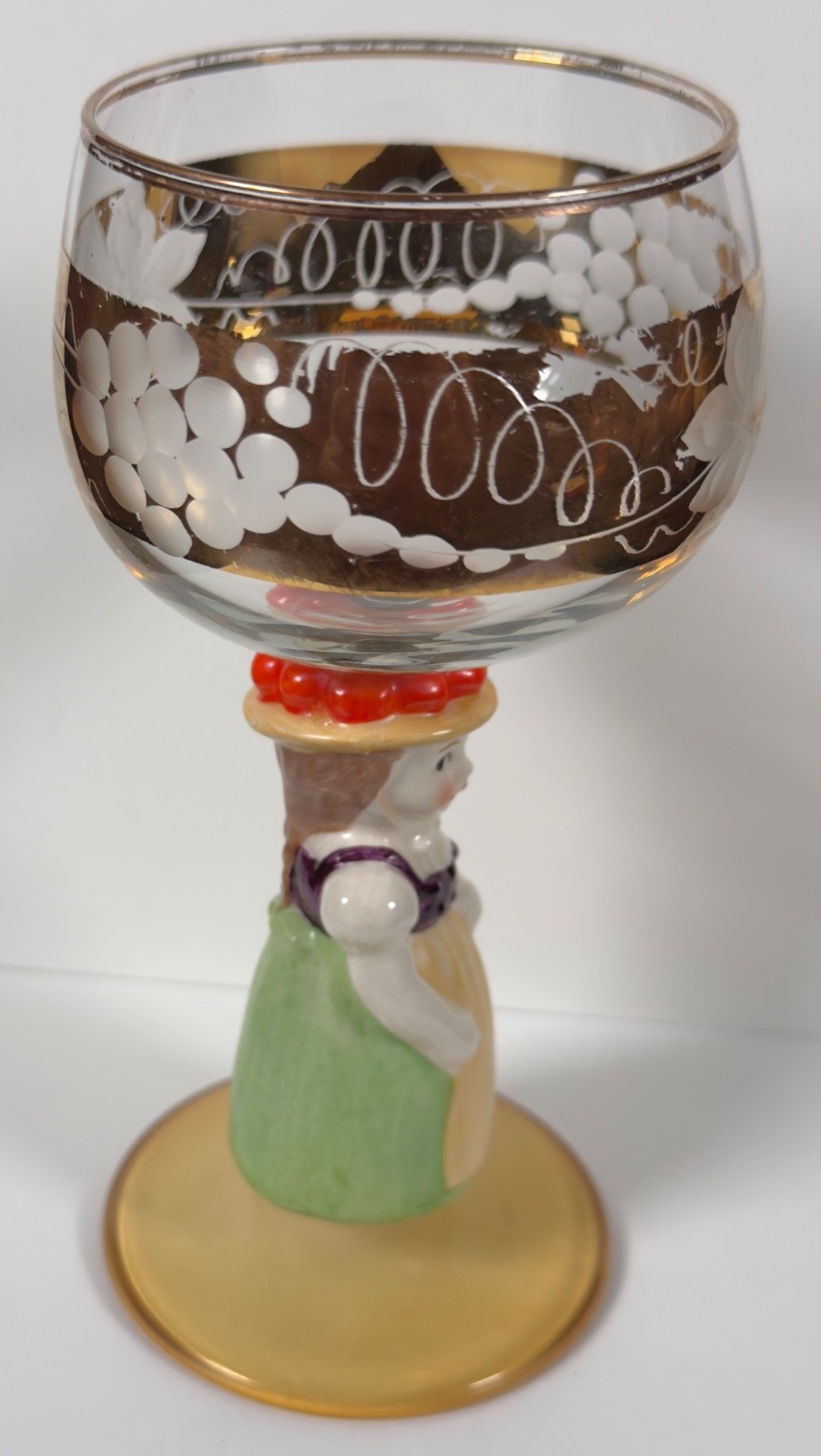 Goebel Hummel Figurine 14K Gold Etched Grapes Bavarian Woman Orange Hat glass