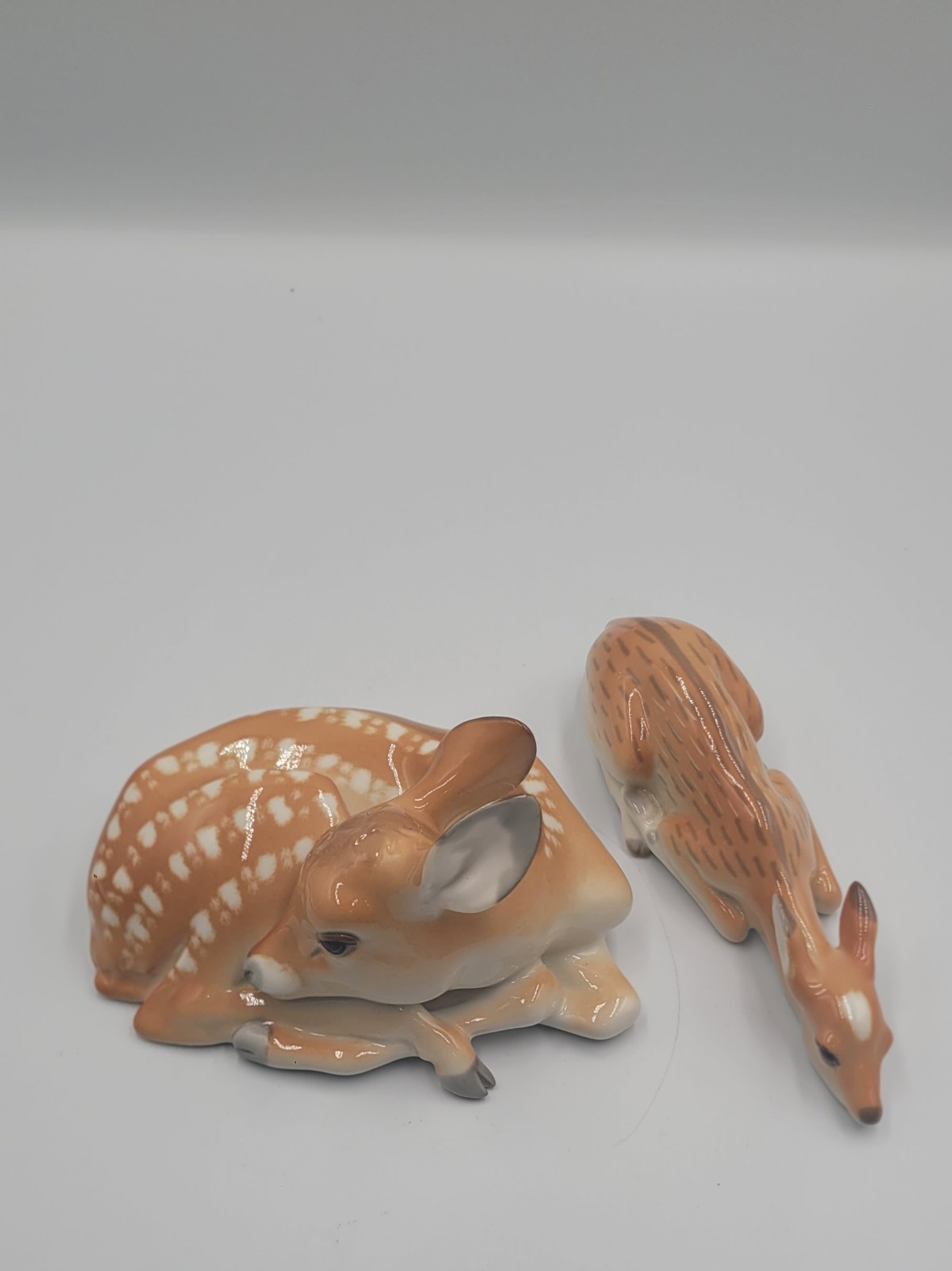Vintage USSR Lomonsov Porcelain Figurine Laying Deer and Resting Fawn Set of 2