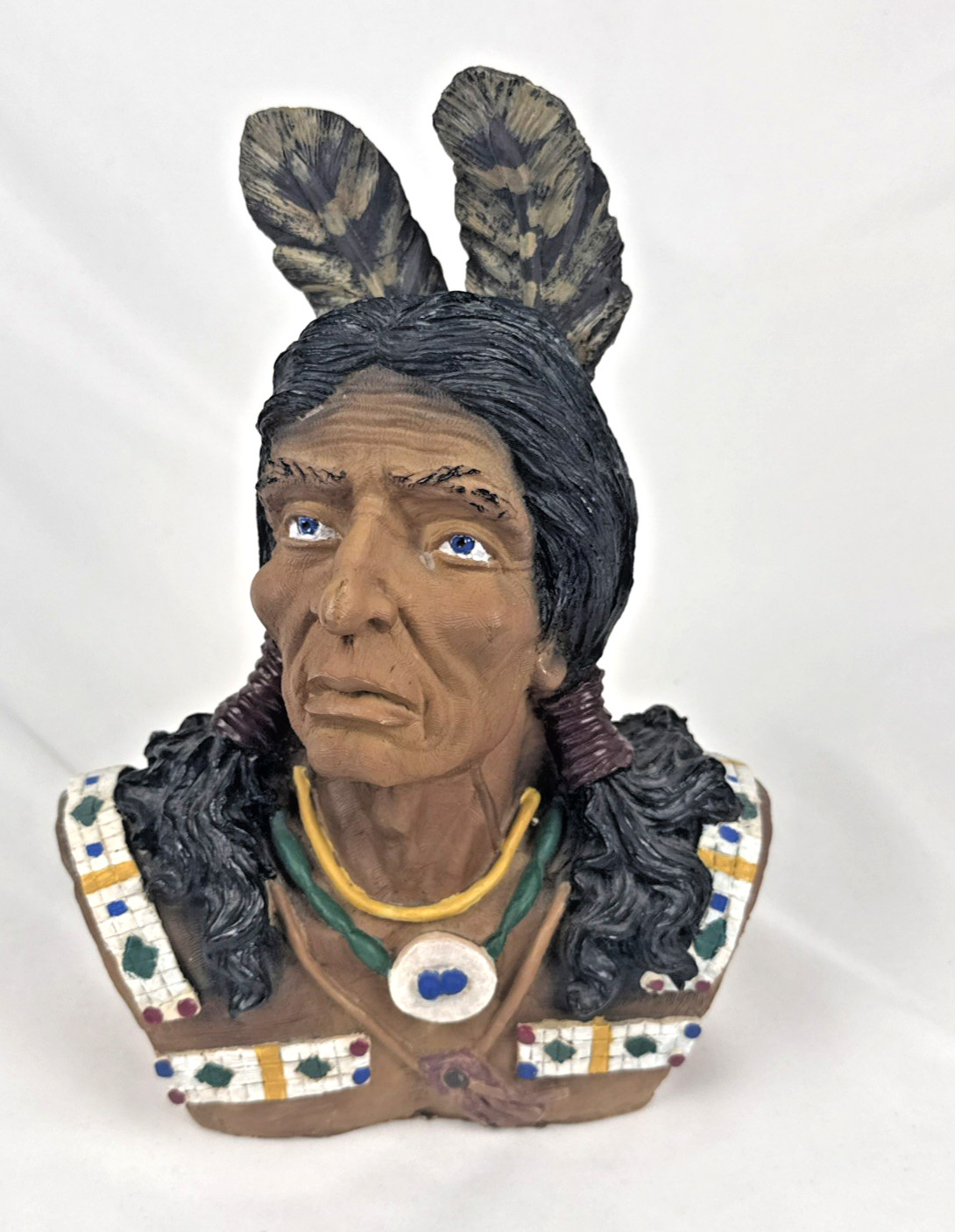 Native American Chief Bust Statue Brown Blue Eyes Two Feathers 11″ FREE SHIP