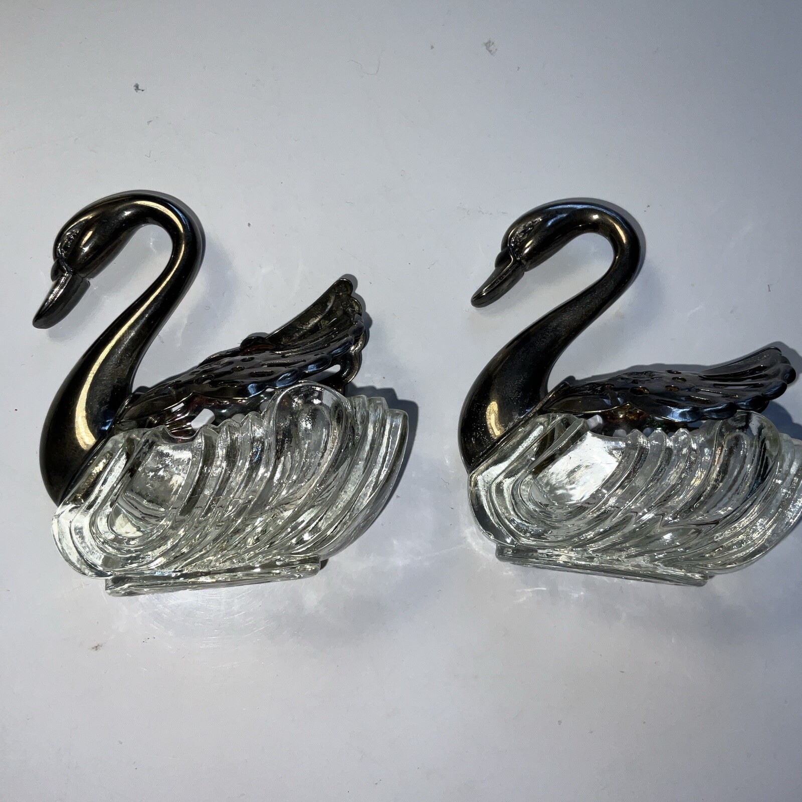 vintage Italian silver plate & crystal Swan salt pepper cellars see photos