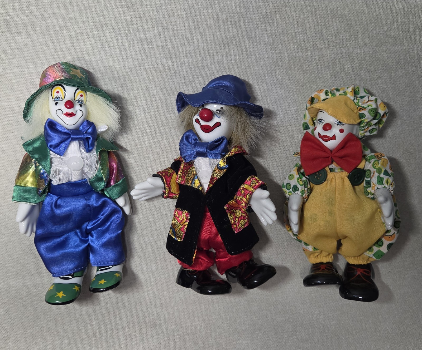Vintage Porcelain Clown Dolls Lot of 3 Poseable Fabric Circus Figurines