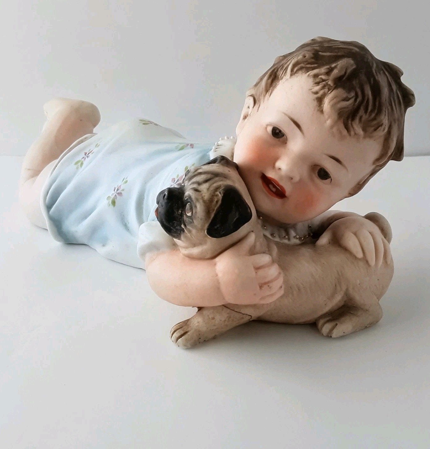 Set Of 2 Vintage Bisque Piano Babies – Lrg W A Pug & Smaller One Crawling