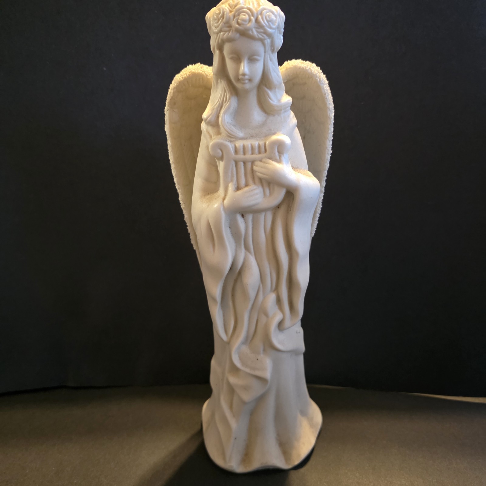 Angel Figurine Holding Harp White Bisque Vintage 11.75 In