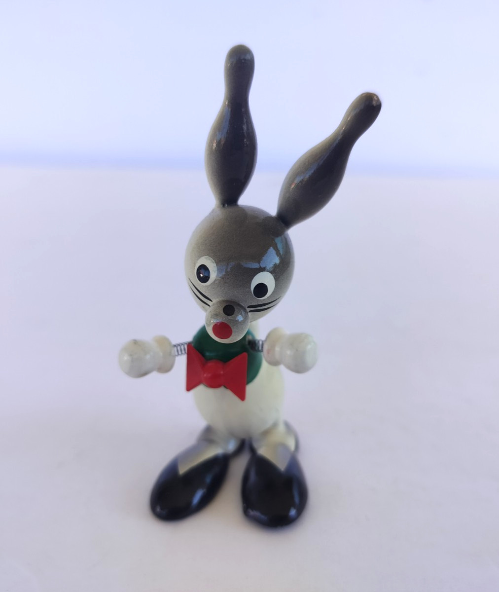 Vintage Goula Spain Figurine Wooden Bobblehead Nodder Rabbit Bowtie B