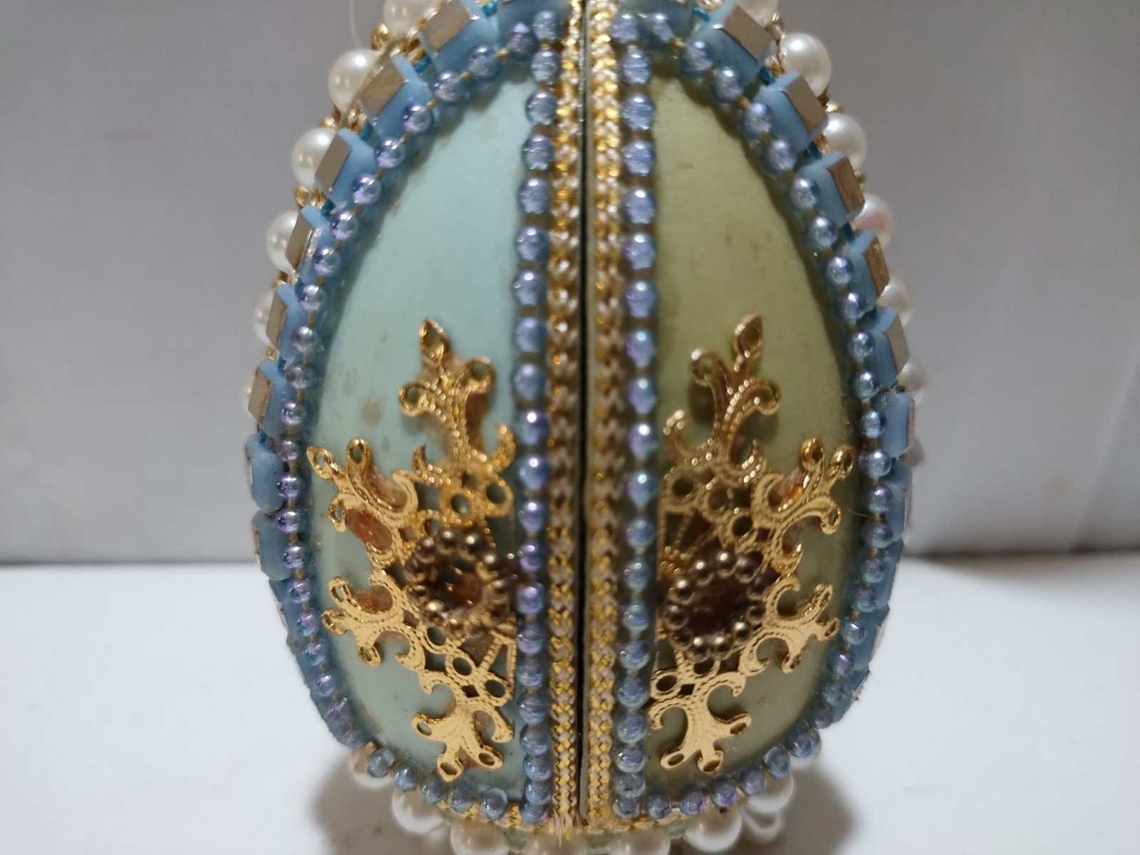 Vintage Diorama Easter Egg Man Fishing W/Child Dog Hinged Door Beaded Goose Egg