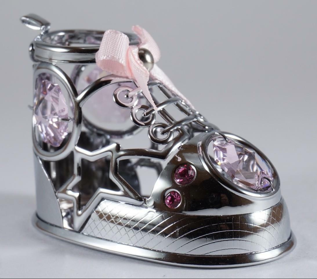 Baby’s First Shoe Chrome Plated / Pink Austrian Crystal and Pink Bow Figure New
