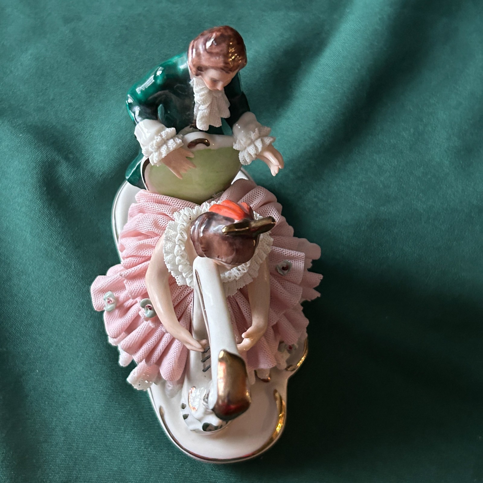 DRESDEN ART Germany, Porcelain LACY FIGURINE, Woman Playing Harp, 5″L, 5-1/2″H