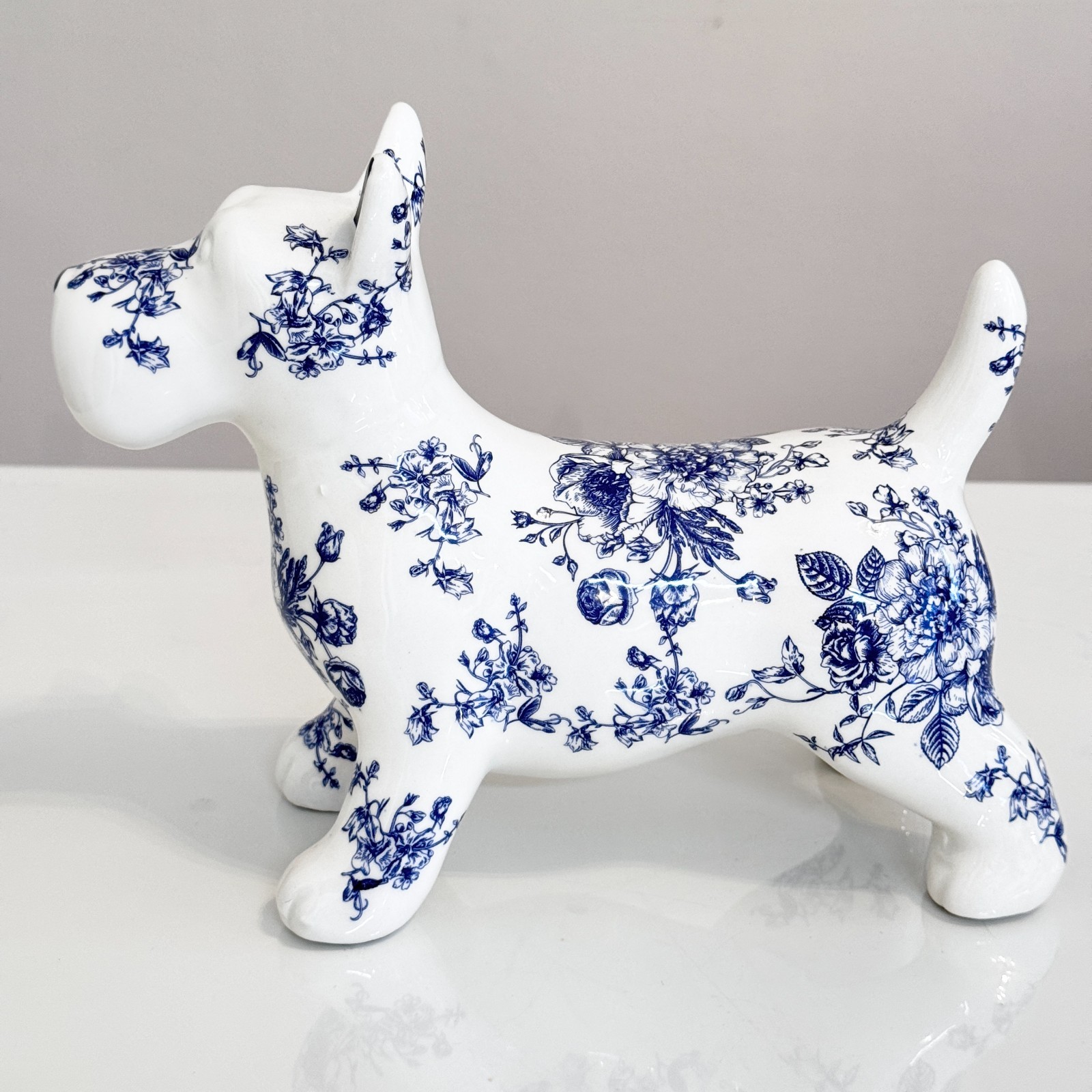 Vintage Ceramic Dog Figurine Blue White Floral Portugal Home Decor Gift 8”