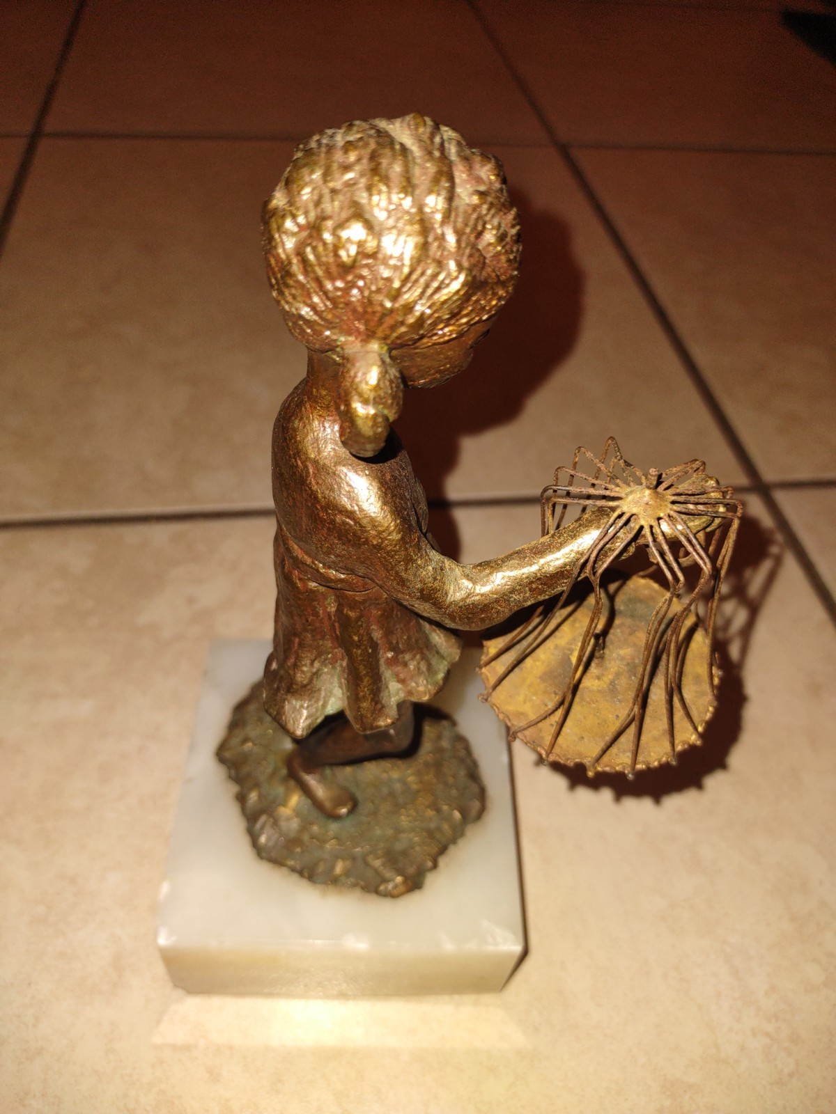 Early 1900’s Bronze Statue of Girl Holding a Basket, Marble Base