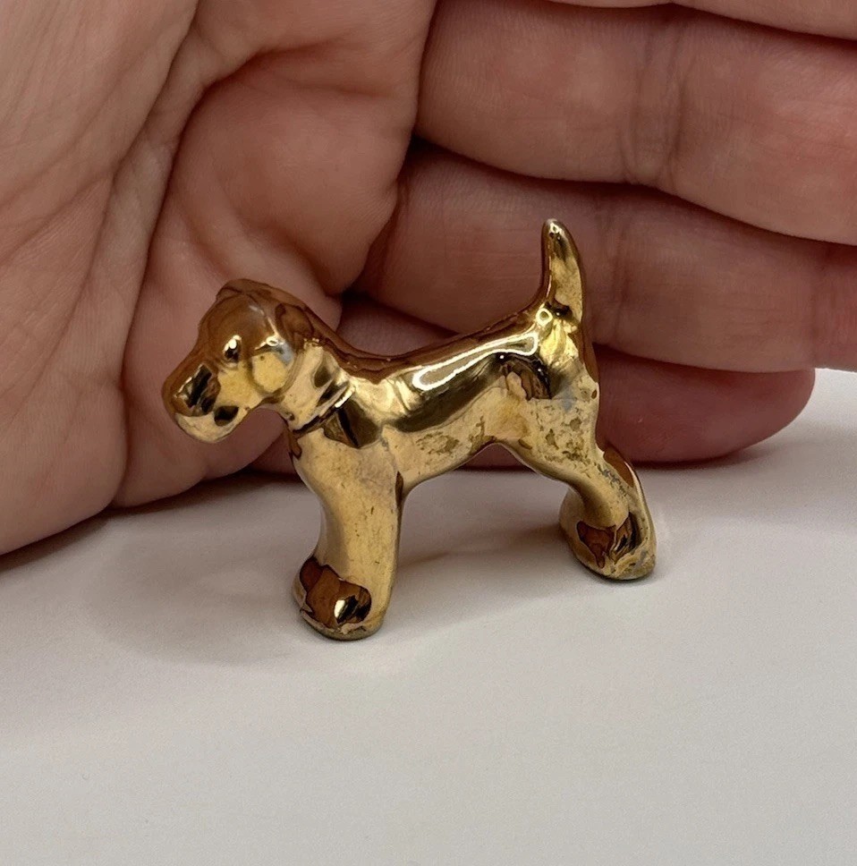 Vintage Antique Tiny Gold Terrier Dog Miniature Trinket Unique Figurine Worn***