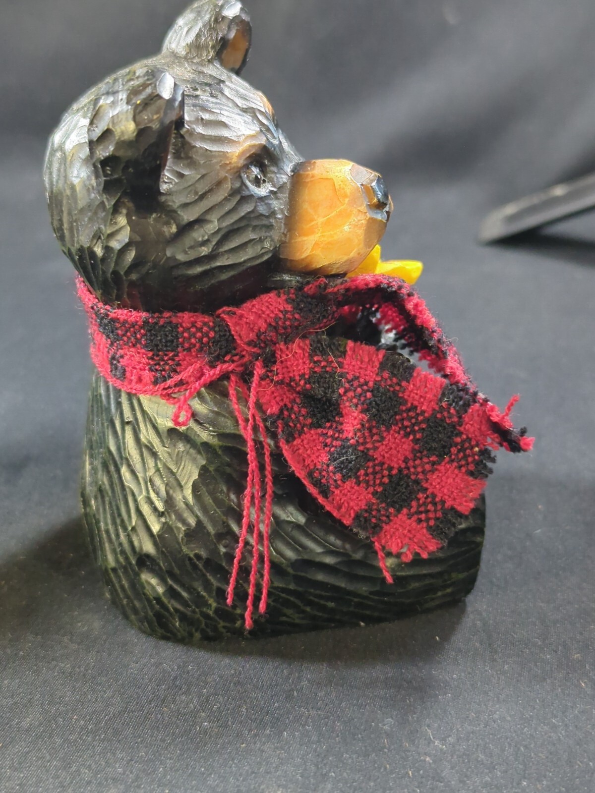 Set 3 Young’s Bears Black Red Plaid Scarf Resin Carved Look Cabin Decor Figure
