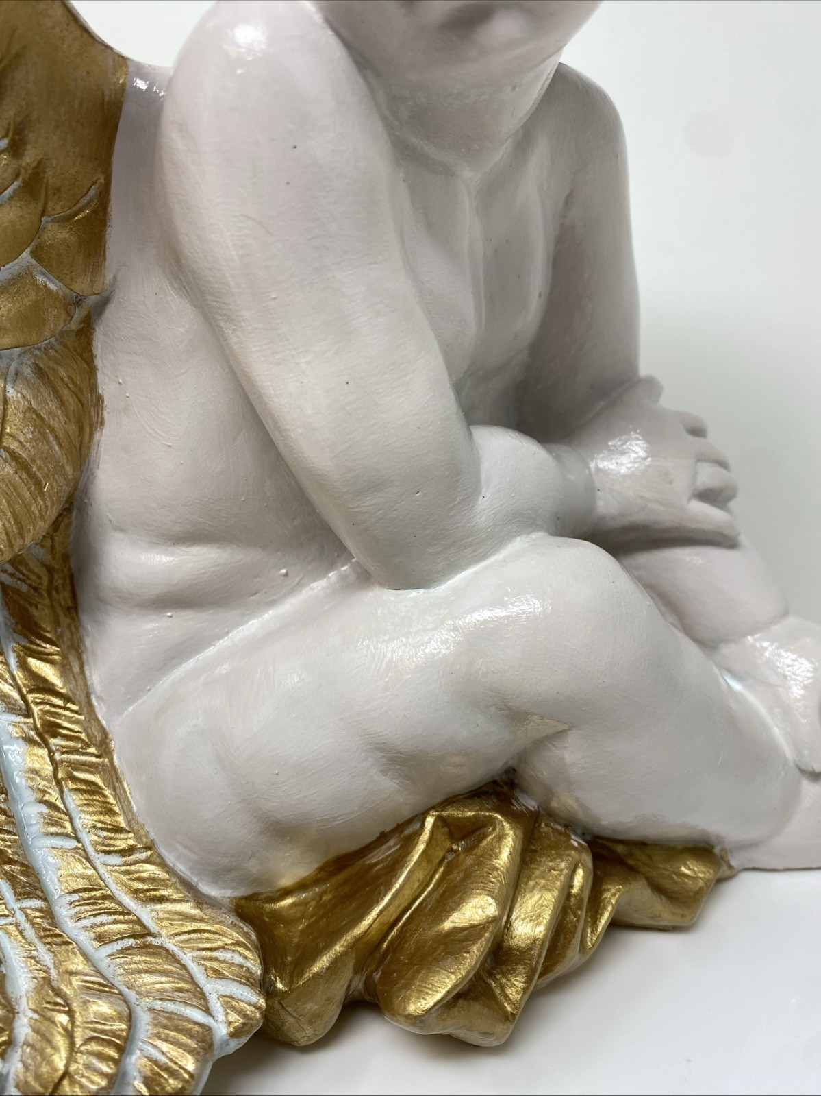 VTG Winged Cherub Angel Sitting Hand painted Gold/ White 10” H