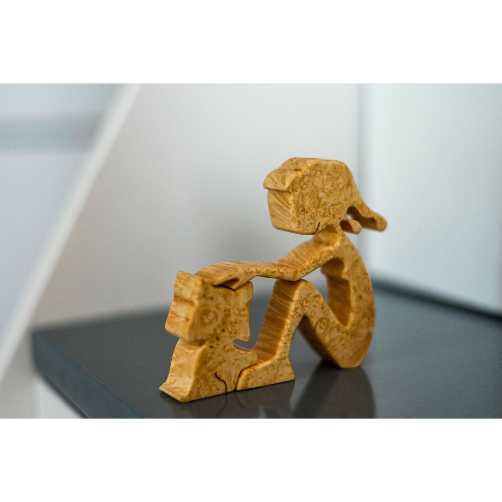 Handmade Carved Maple Burl Wood Cat and Owner Figurine Unique Home Decor