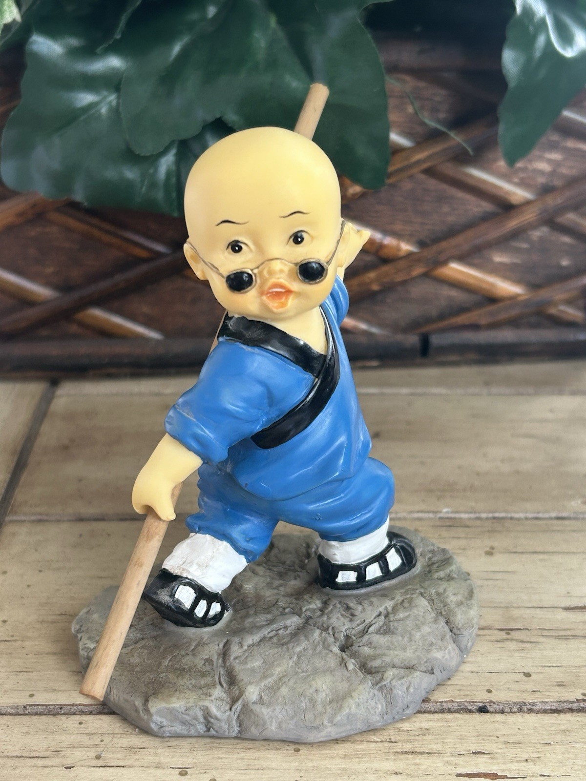 Chinese Kung Fu Monk Shaolin Martial Arts Baby Figurine w/ Bo Staff 4”