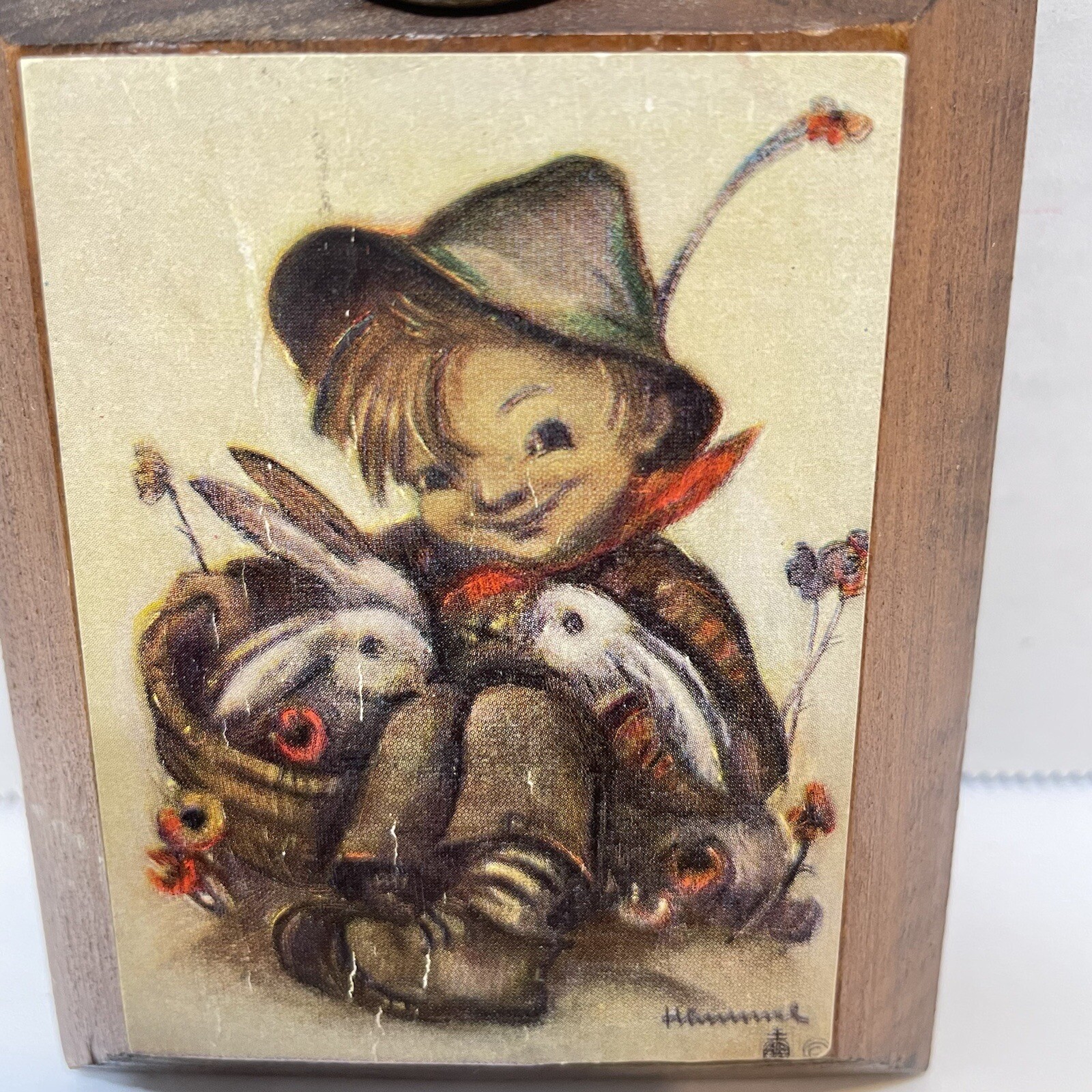 Vintage Hummel Boy in Basket with Bunnies Wood Wall Plaque 4 x 3.25 inches