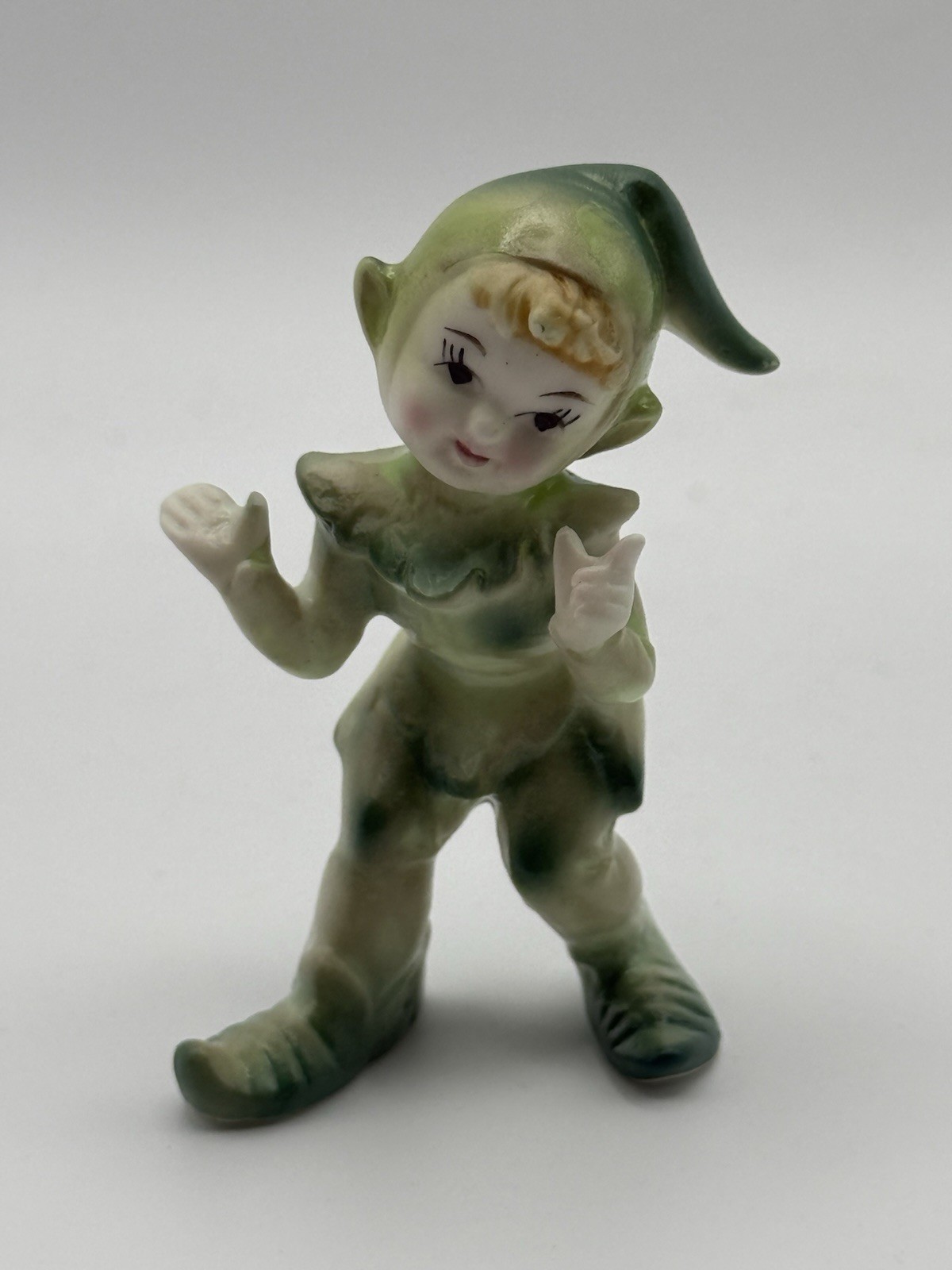 Rare Vintage Bone China Ceramic Pixie Elf Figurine 1950s Mid-Century Green